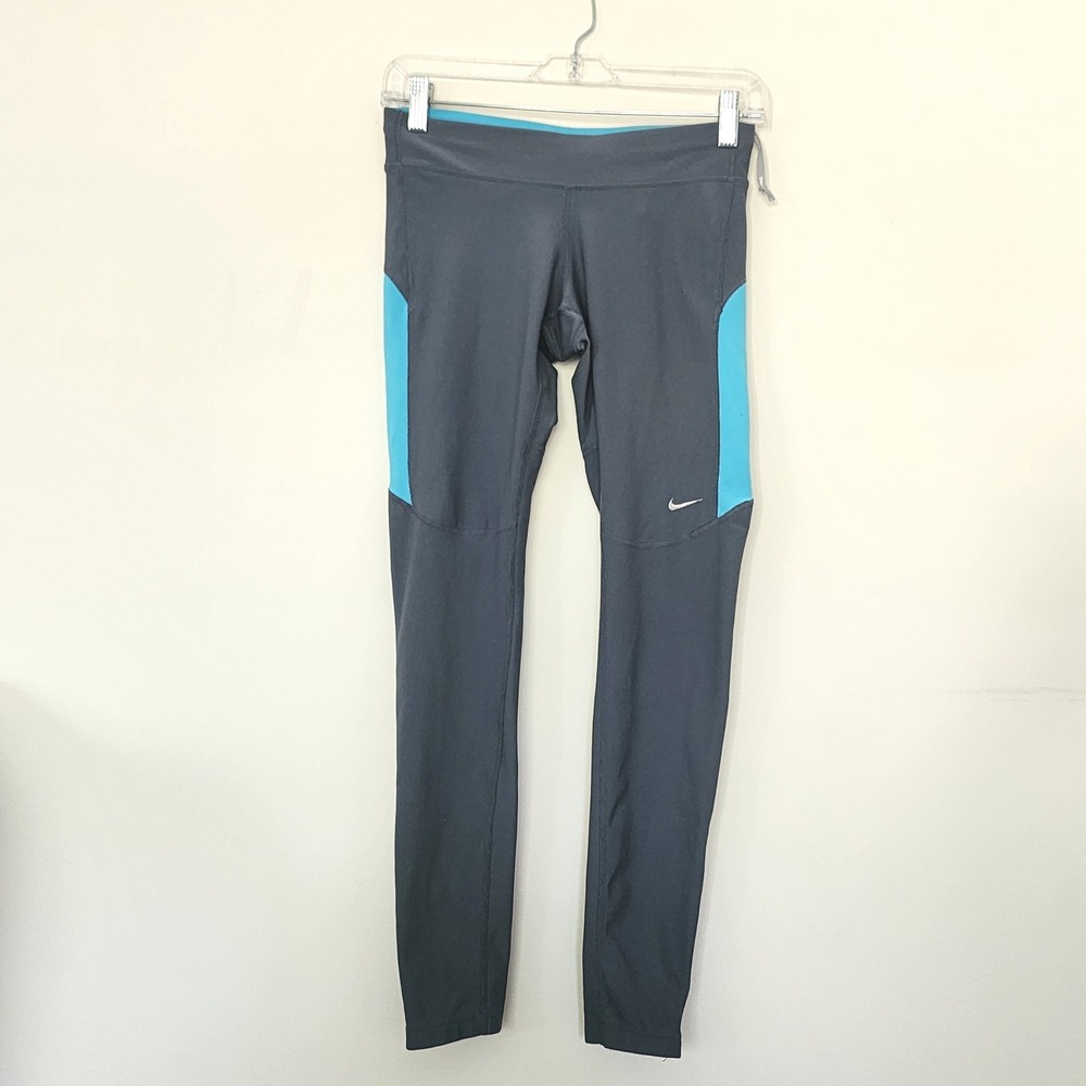 Nike Dri-FIT Running Leggings Womens Small Gray Blue Zipper Pocket Ankle Zips